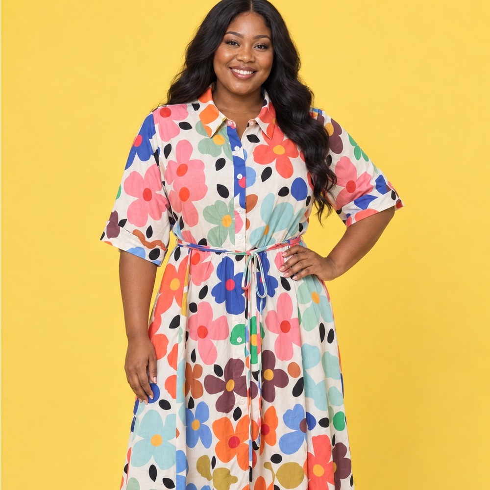SHEIN Multicolor Floral Button-Front Midi Dress